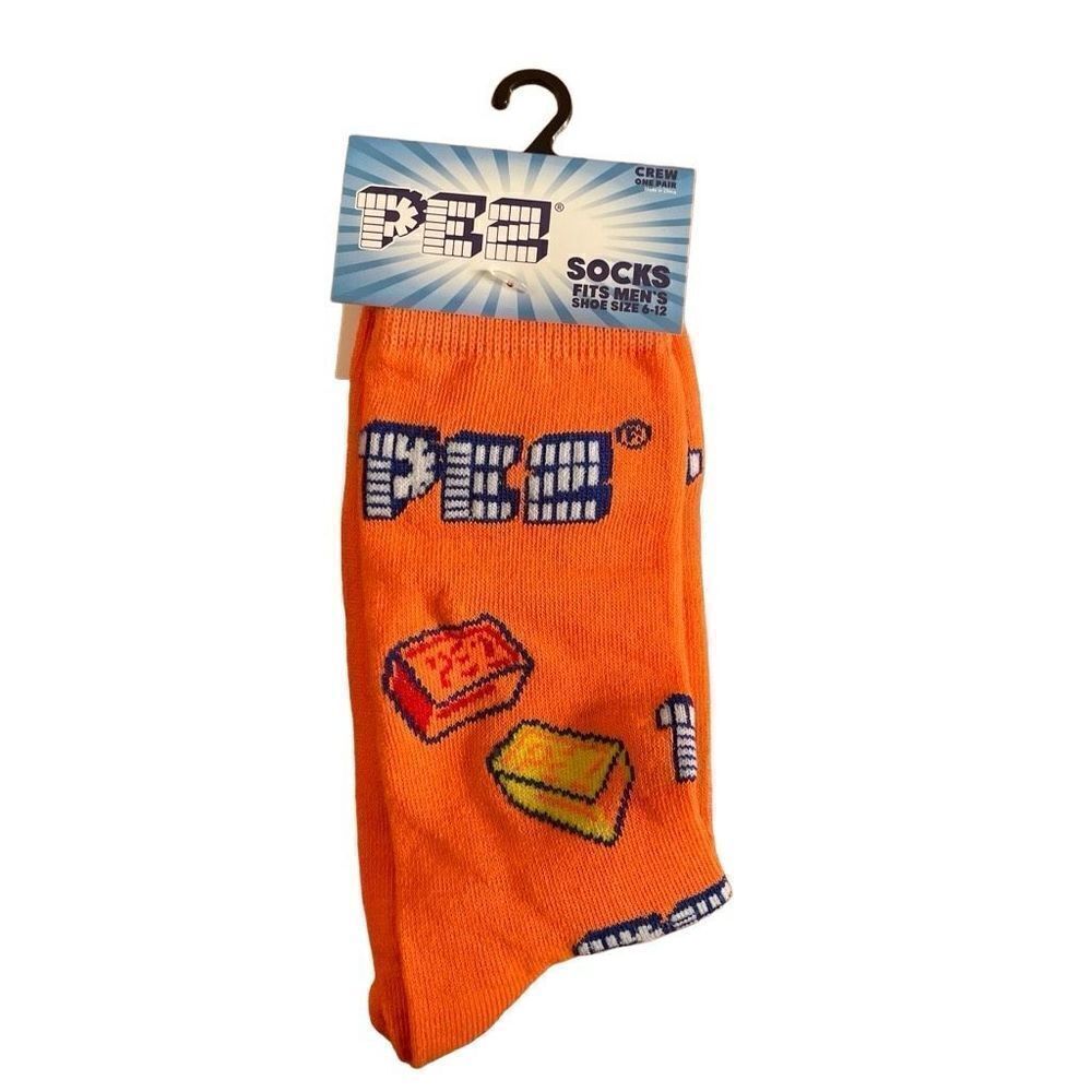 PEZ Candy Men’s Orange Fun Print Novelty Crew Socks Shoe Size 6-12